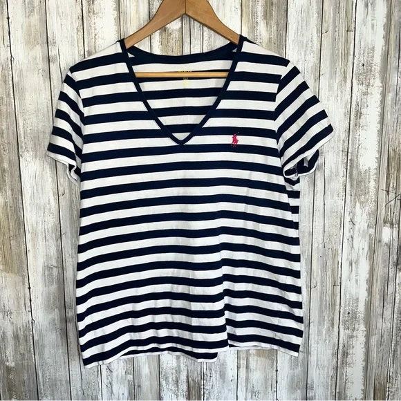Polo Ralph Lauren Navy & White Stripe Women’s V Neck Tee XL - Picture 1 of 5